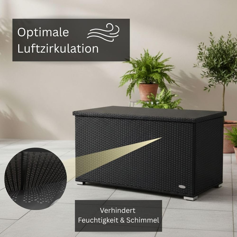 RS Trade Auflagenbox wasserdicht XXL, Gartenbox, Aufbewahrungsbox Garten, Kissenbox Outdoor, Gartentruhe, große Gartenkiste für Polster, wetterfeste Garten-Aufbewahrung, Polyrattan, 950l, schwarz