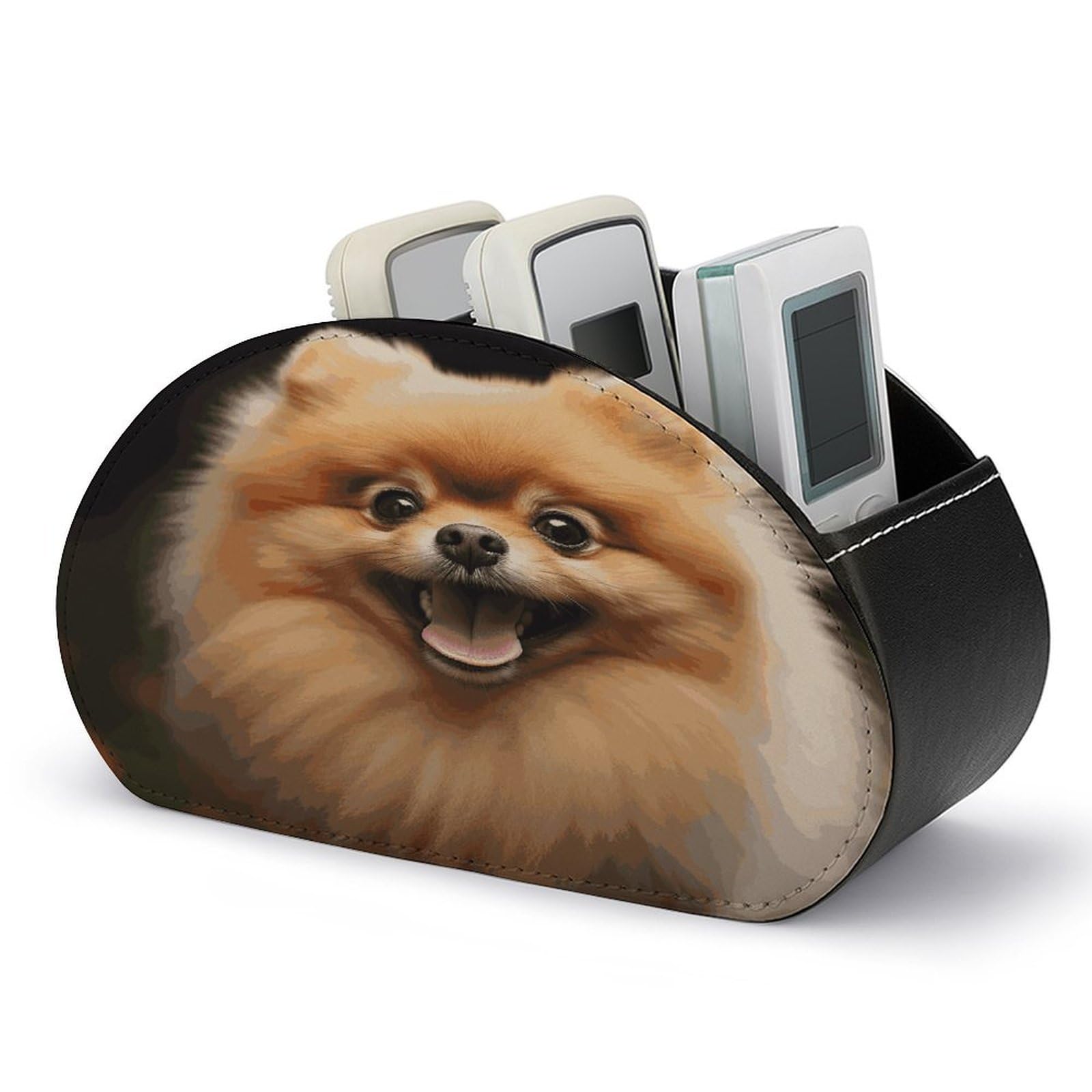 FekiLoot Pomeranian TV Remote Control Holder with 5 Compartments Multi-functional Leather Bedside Table Remote Caddy Desktop Storage Box for Store Pen Controller Media Player Cosmetic
