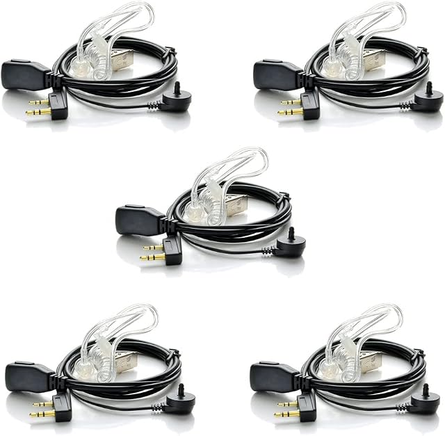 Radio Headset Earpiece -2 Pin Security Headset For Walkie Talkie UV-5R BF-888S Arcshell H-777 RT21 RT22 with Transparent Acoustic Tube Radio Communication Kenwood Two Way Radio (black-5pack)