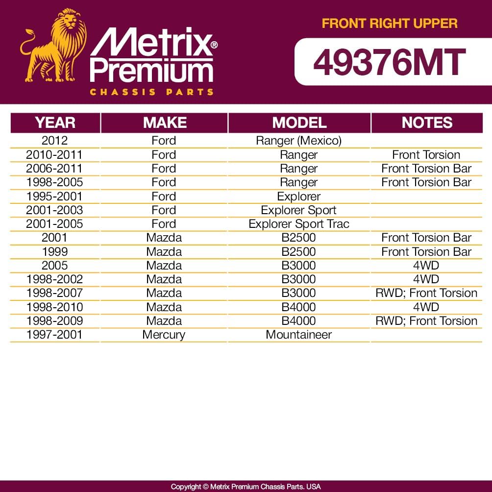 Metrix Premium Chassis Parts - Front Right Upper Control Arm w Ball Joint & Bushing Assembly Fits 98-11 Ford Ranger, 95-01 Explorer, 01-03 Explorer Sport, 98-09 Mazda B4000, RK80068, Made in Europe