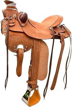 Tan Leather Western Barrel Roping Saddle Big Horn Wade Tree Horse Tack with Matching Headstall & Breast Collar Set