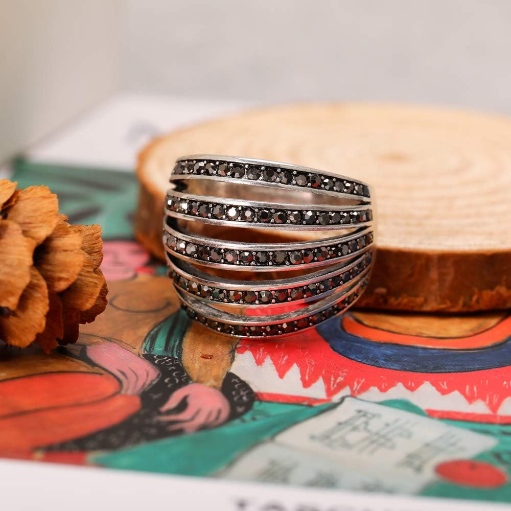 Mytys Vintage Wide Ring Classic Black Marcasite Crystal Rows Statement Silver Chunky Rings - Image 8