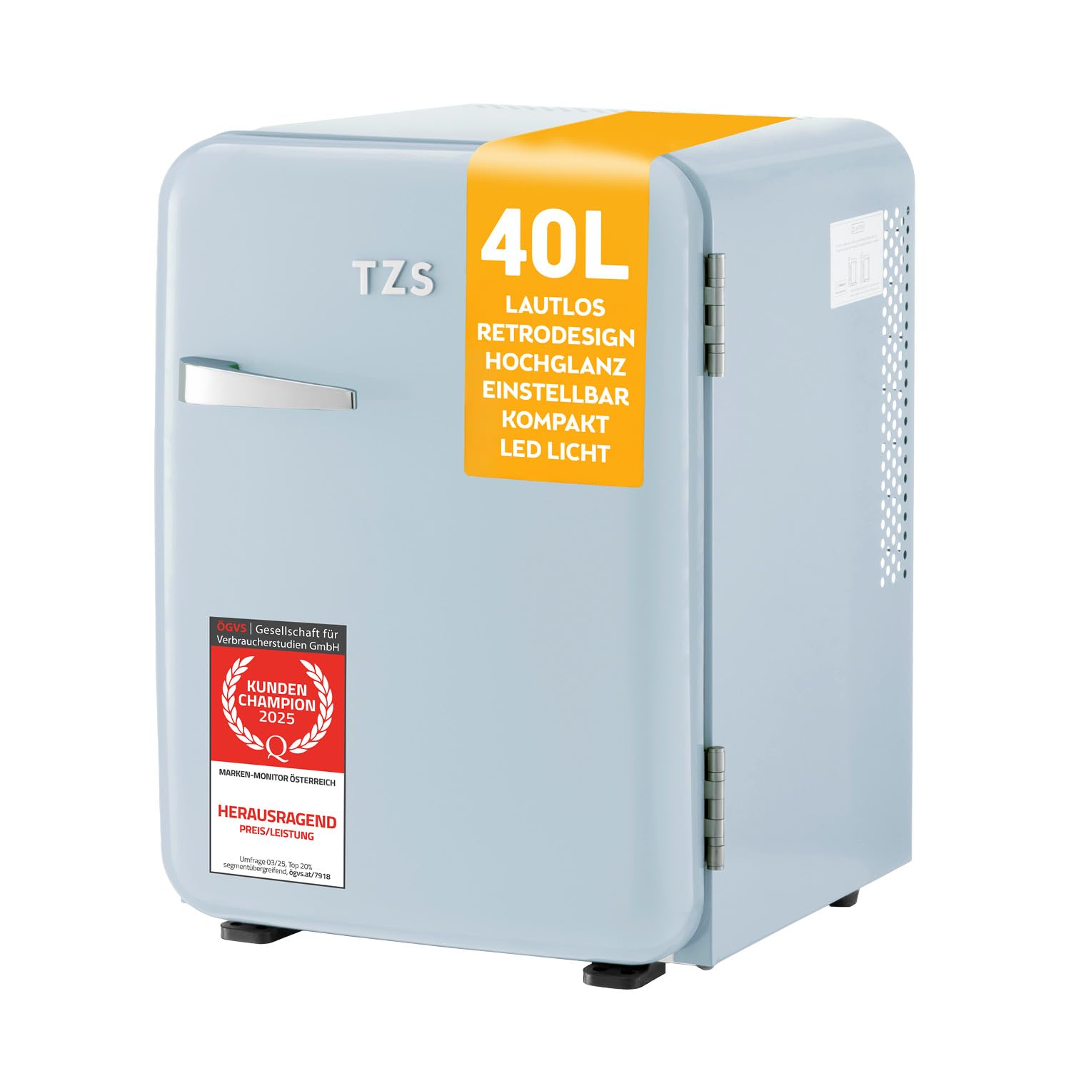TZS First Austria - Retro Mini Kühlschrank 40L lautlos - Kleiner Minikühlschrank im Vintage-Design mit Innenbeleuchtung & 2 Türfächern - Minibar für Camping, Büro, Schlafzimmer & Hotel - hellblau