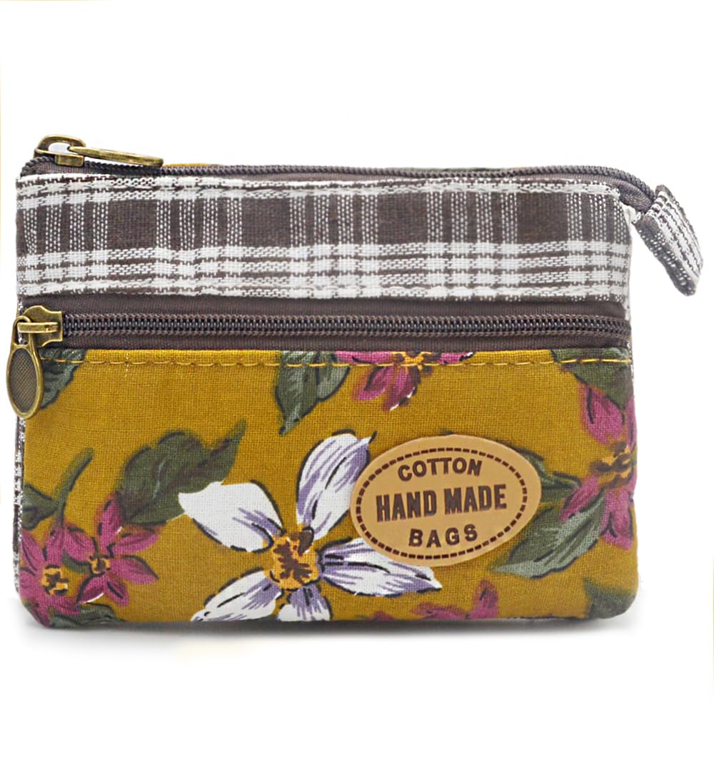 Women Small Zipper Coin Purse, Handmade Fabric Flower Embroidered Change Pouch, Cotton Double Zipper Wallet, Brown, 3.5"x4.8", 206-image-37