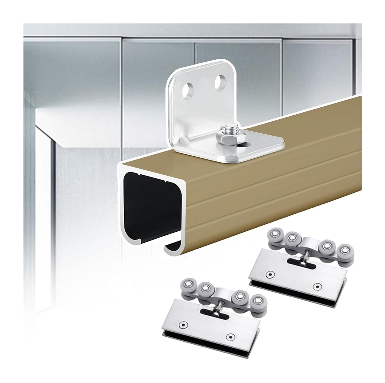 PALSINBY Sliding Glass Door Track Kit, Wall Mounted Sliding Glass Pocket Door Track Frameless Kit(Champagne,340cm (11.2ft))