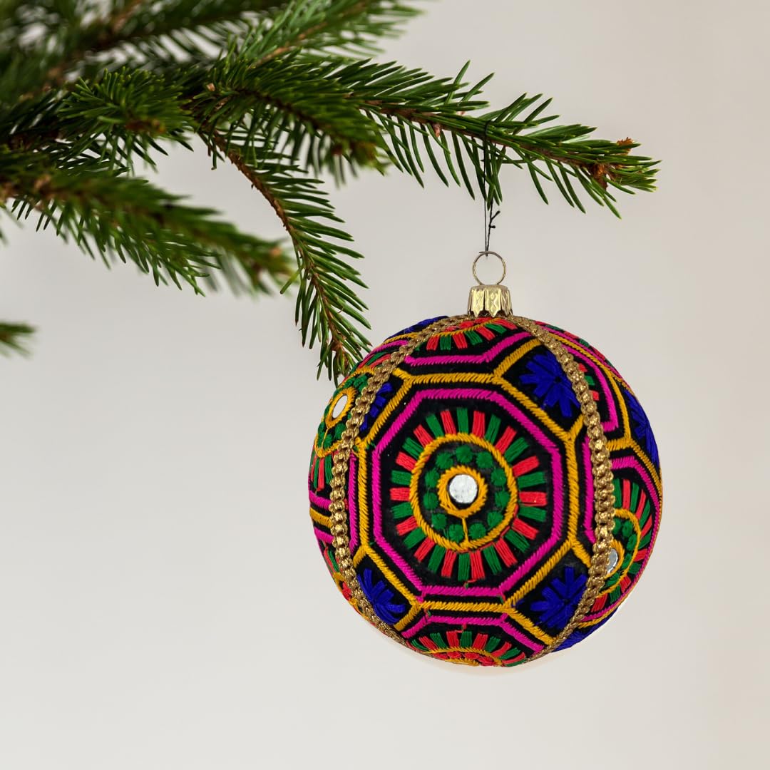 Handmade Upcycled Decorative Bauble, 8 cm or 10 cm (Geometric Multicolour, 10cm)