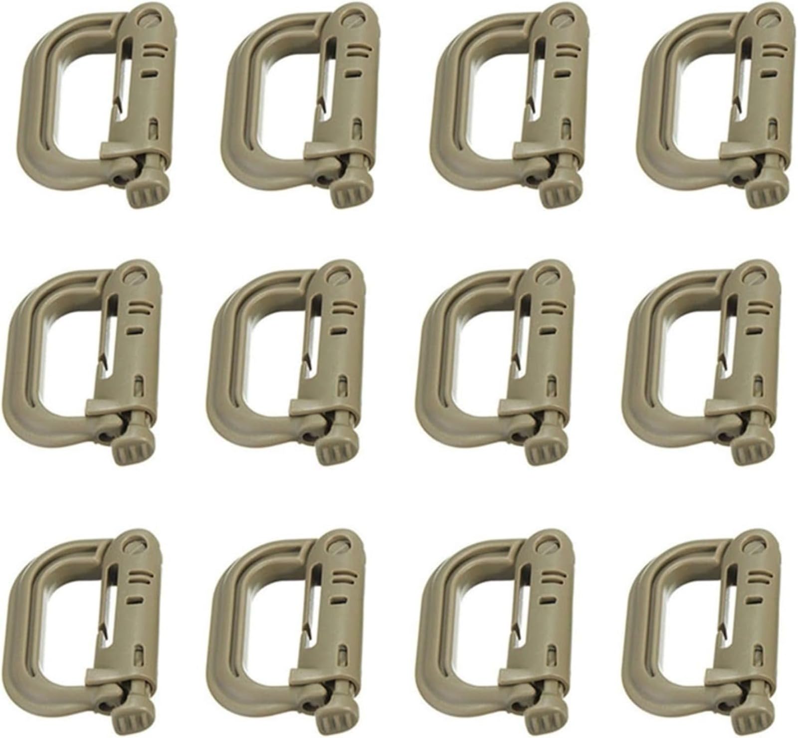 Mosquetón táctico con anillo en D, paquete de 12 clips de utilidad del sistema Molle, accesorios de plástico ligero de liberación rápida, para mochilas Molle, chalecos tácticos, camping, senderismo