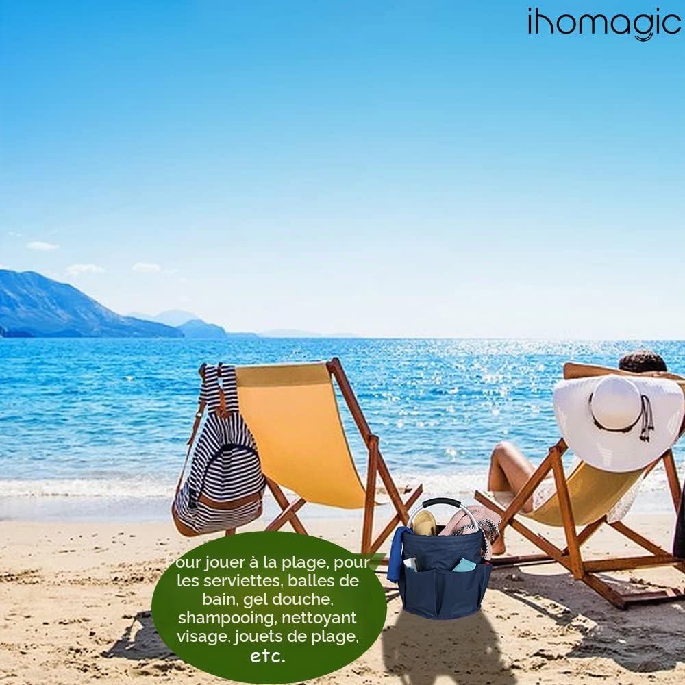 17L Sac Pliable à Outils de Seau avec Plusieurs Poches, Sac Rond à Outils de Jardinage, Panier Multifonctionnel avec Poignée, Corbeille de Rangement pour Les Outils, Les Jouets (Bleu Marine)