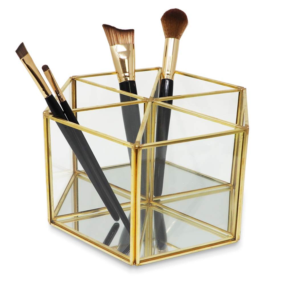 Isaac Jacobs - Porta pennelli da trucco rotante a 6 scomparti, in acrilico a 360 gradi, in stile vintage, in ottone e vetro, con base a specchio per trucco, cucina, artigianato, molto altro