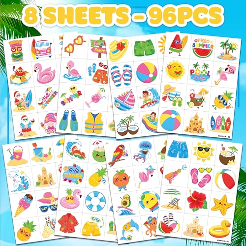 Image of 96 PCS Hello Summer Beach Pool Pre-Cut Temporary Tattoos for Kids | | Super Cute Themed Birthday Party Favors, Supplies, Decorations, Hawaiian Fake Tattoo Stickers, Gifts for Boys Girls