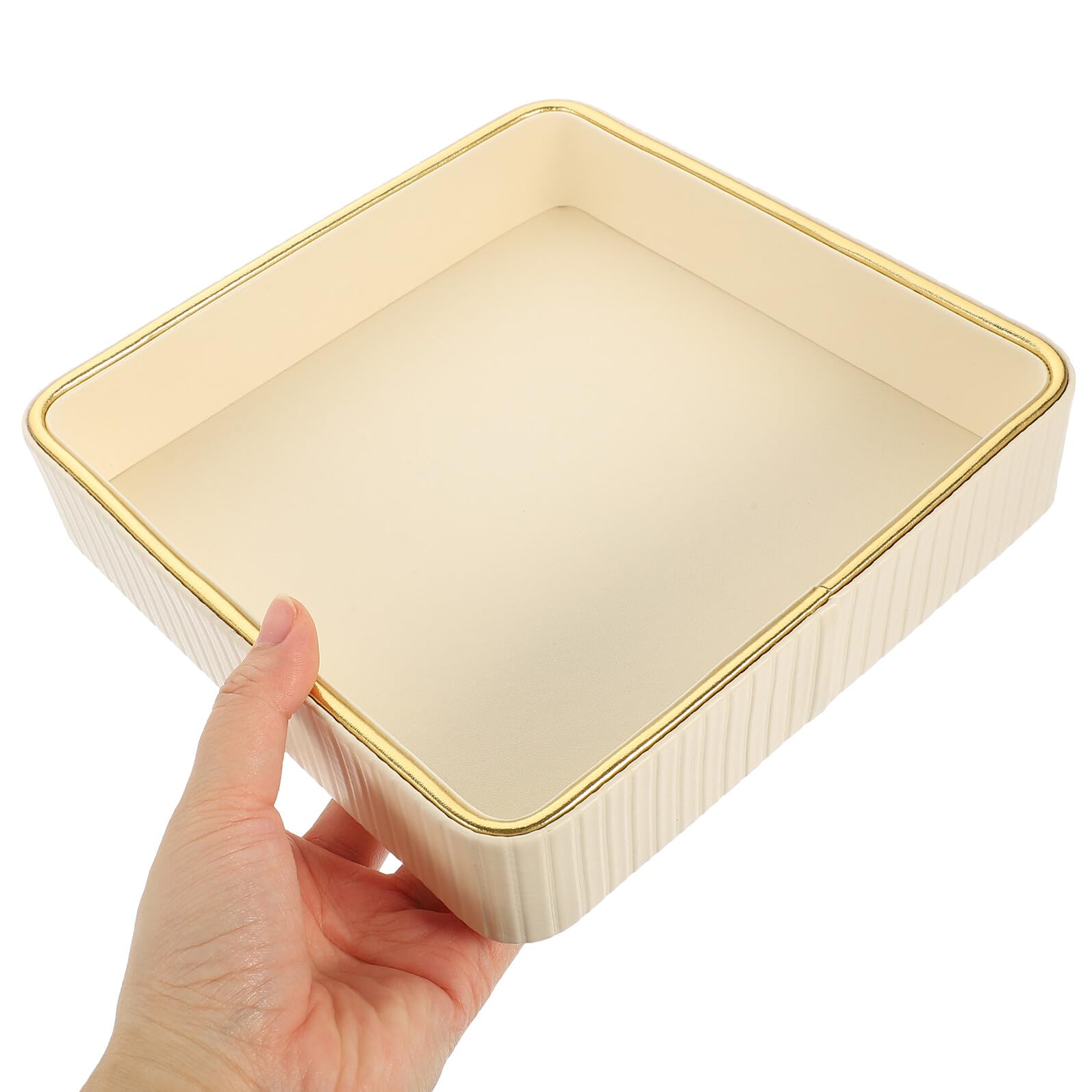 Bandeja Organizador Moderno para Llaves de Entrada Cuadrada y Fácil de Limpiar de Cuero Blanco Borde Dorado para Joyas y Llaves en Tocador
