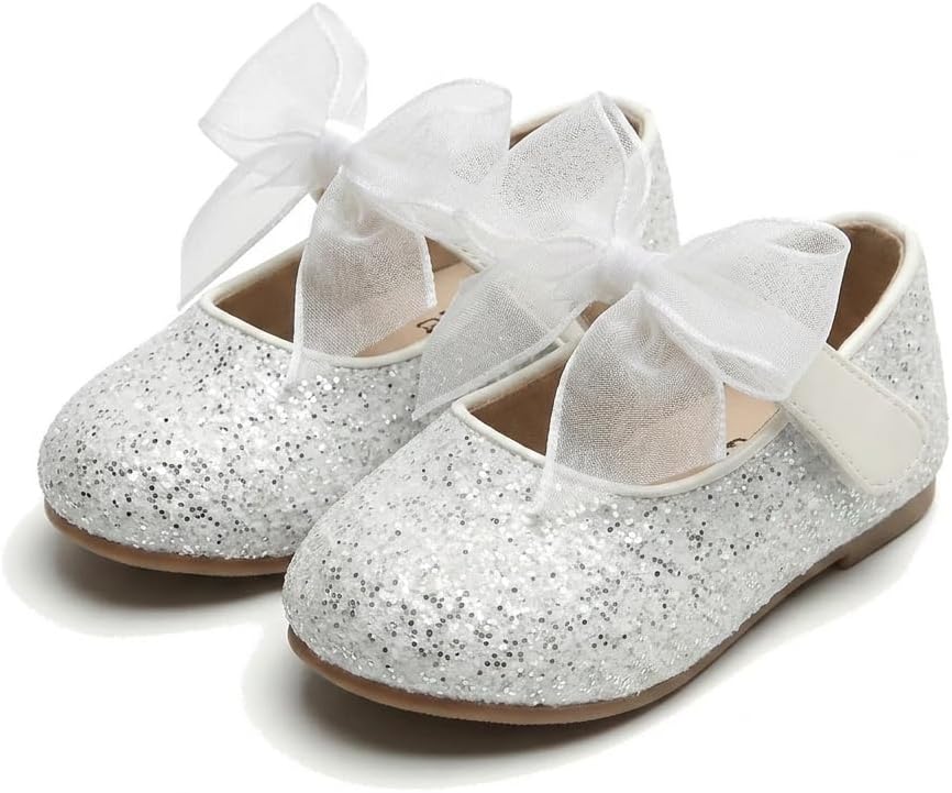 Toddler Girls Ballerina Flats Bow Mary Jane Dress Shoes for Wedding Party Music Recitals