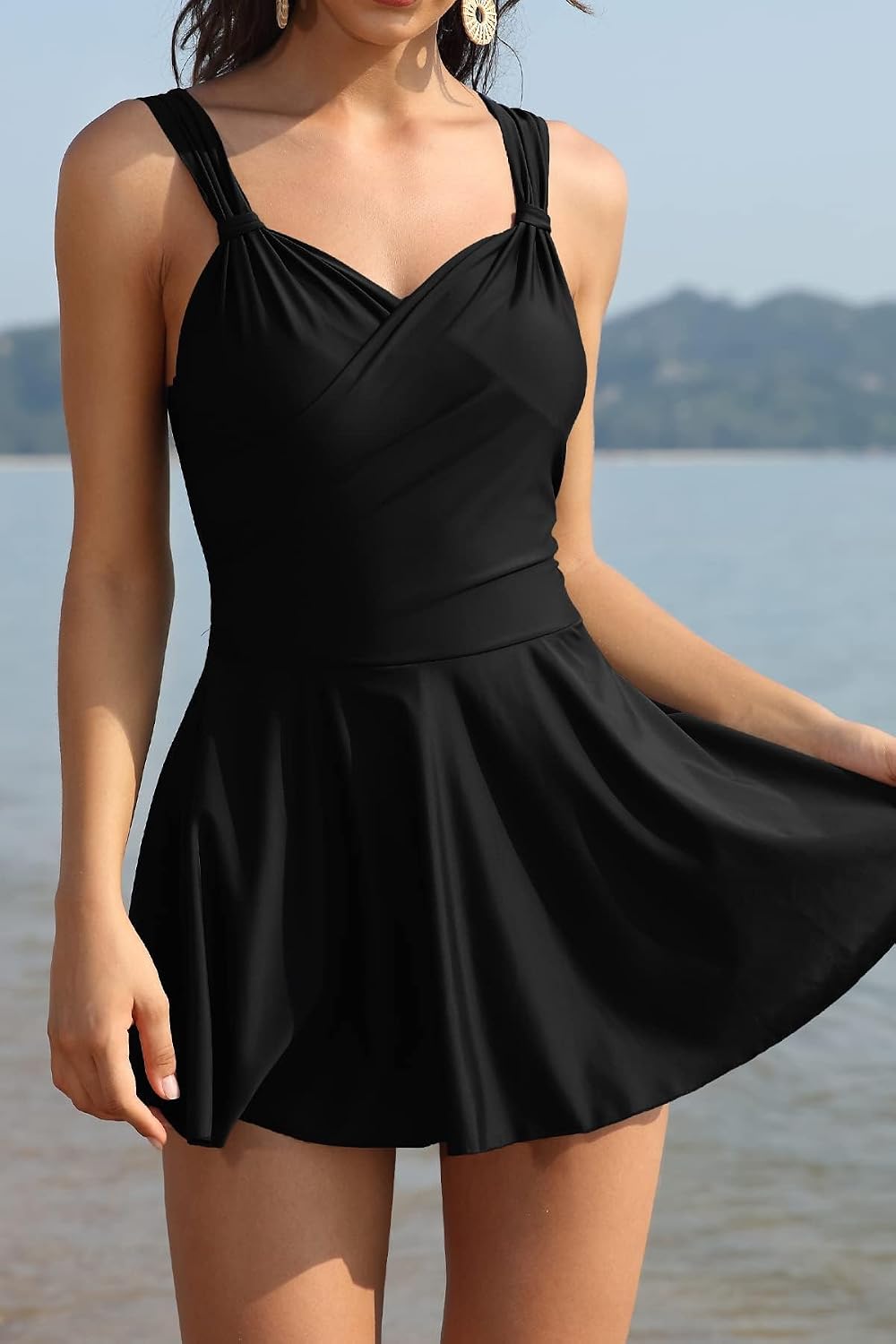 SHEKINI Womens Elegant One Piece Swimdress Tummy Control Crossover Skirted Swimsuit