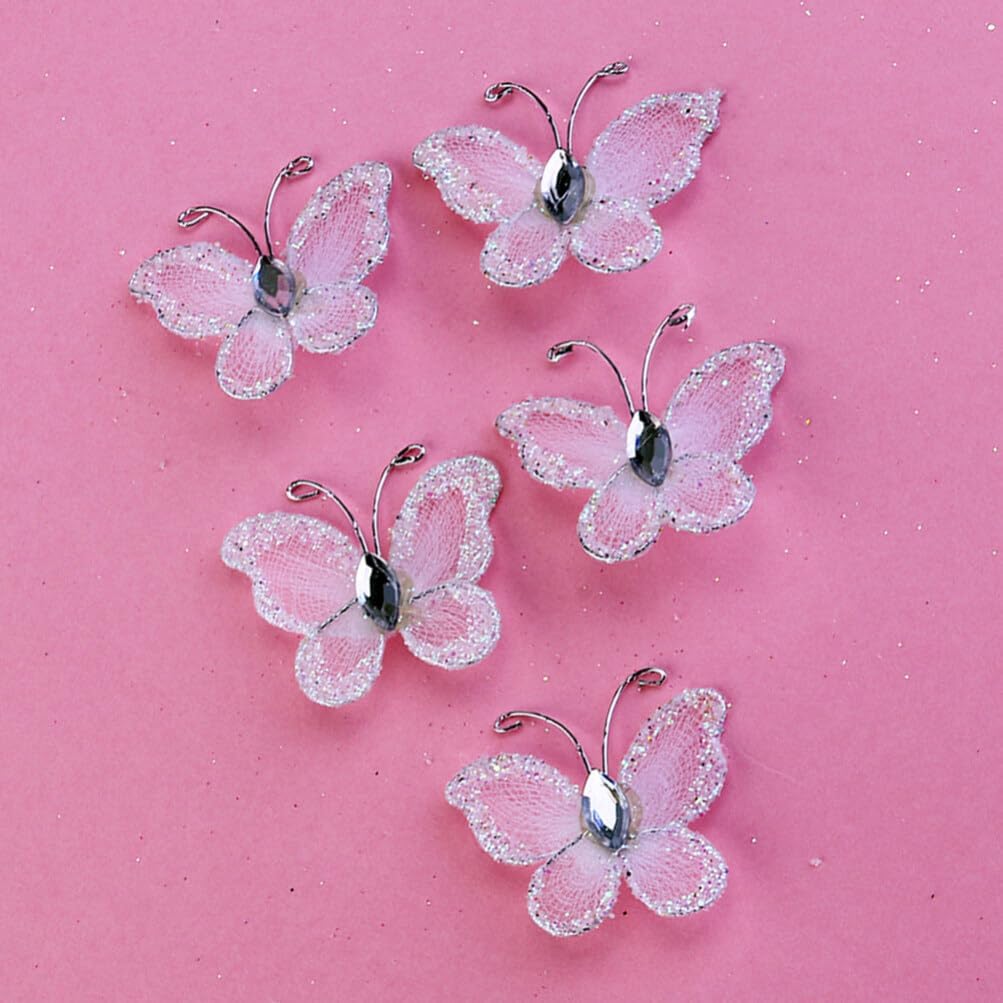 Mesh Glitter Butterfly 100Pcs Sheer Mesh Wire Glitter Butterfly with Gem for Home Wedding Party Wall Decorations White