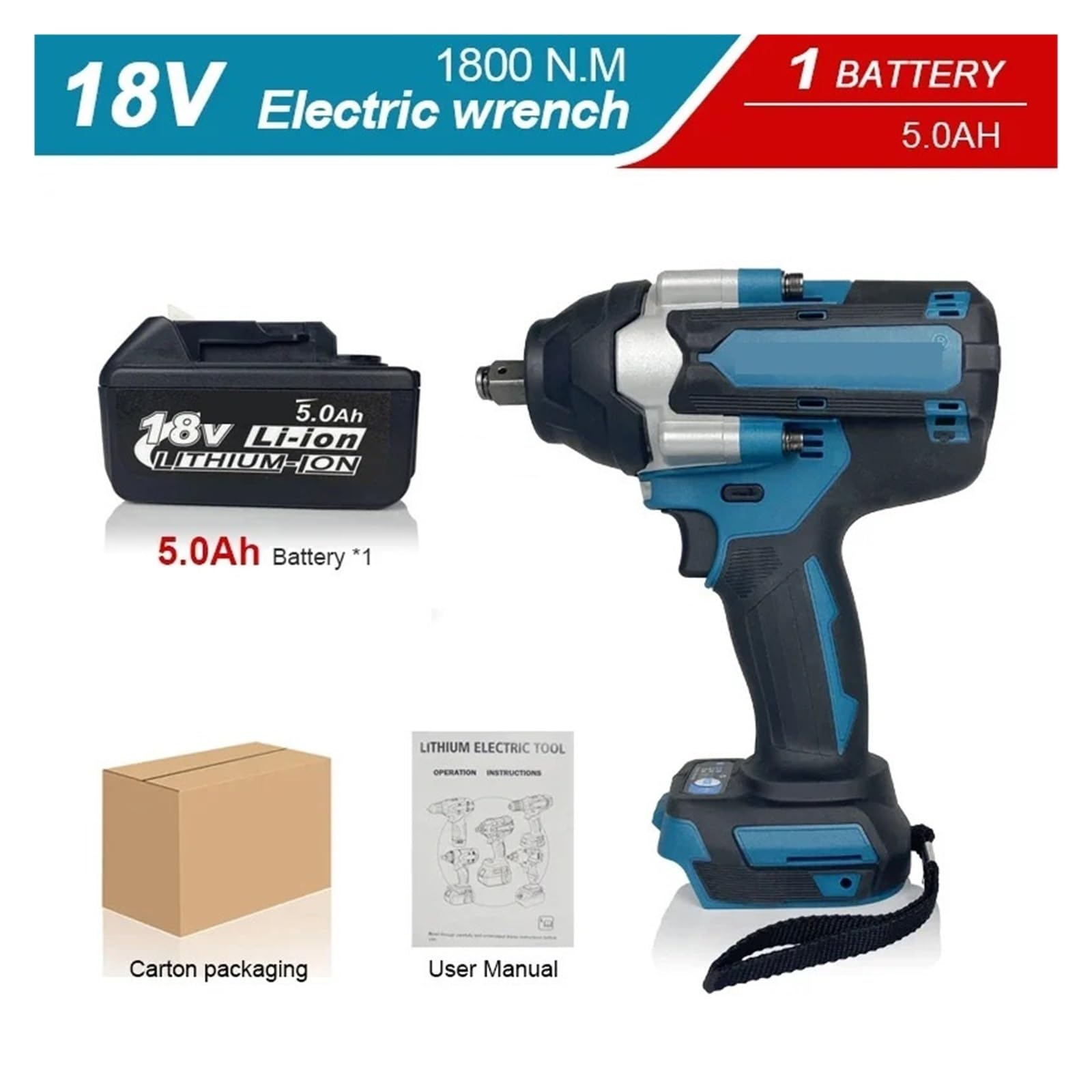 Llave de Impacto Llave De Impacto Eléctrica Sin Escobillas De Torsión 1800N.M con Batería 588VF, Herramienta Eléctrica De Llave Inalámbrica De 1/2 "para Batería De 18V(1 Battery Blue A)