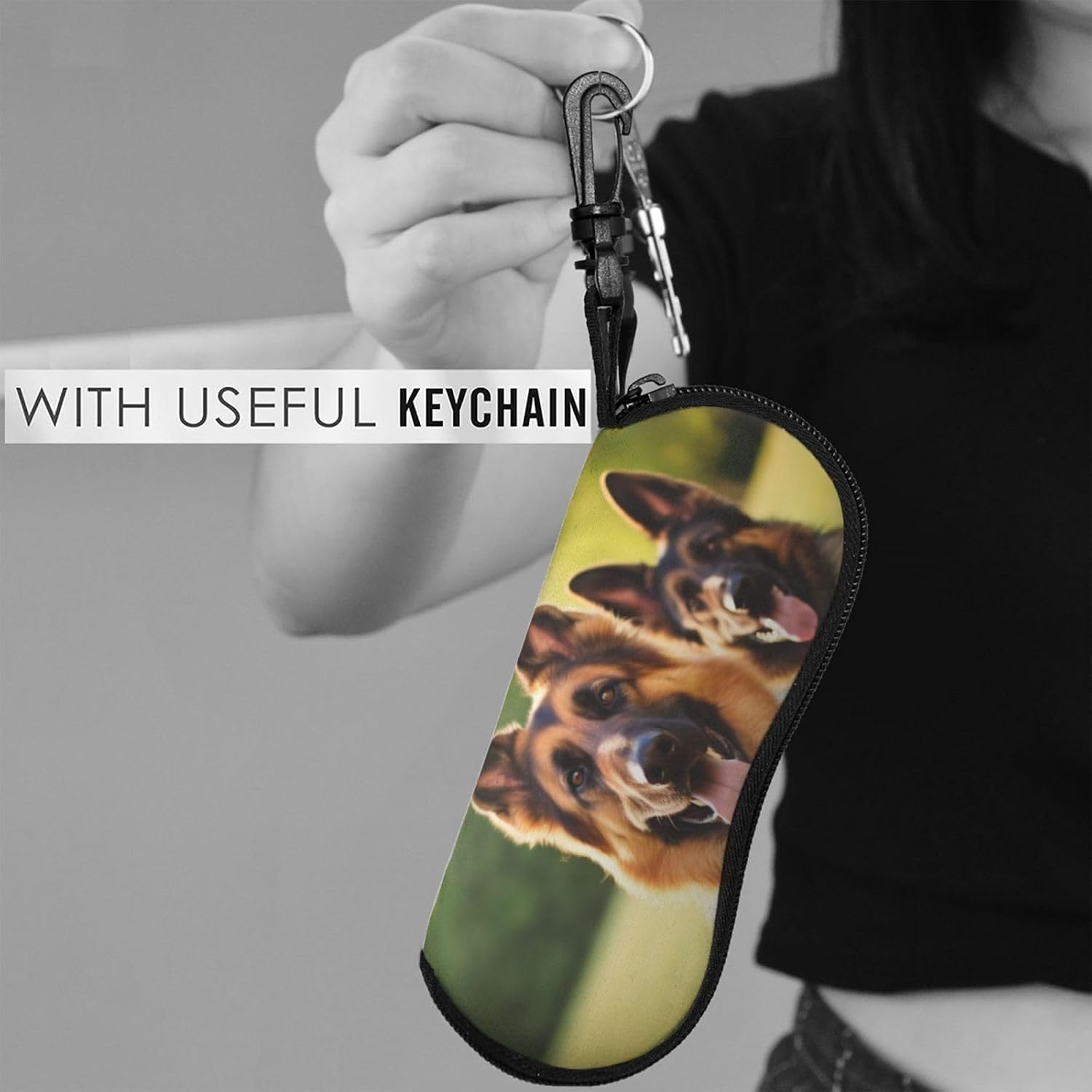Happy german shepherd Sunglasses Case, Ultra Light Neoprene Eyeglass Case for Men Women, Hard Shell Shockproof Sport Glasses Case with Carabiner Travel Zipper Eyeglasses Holder