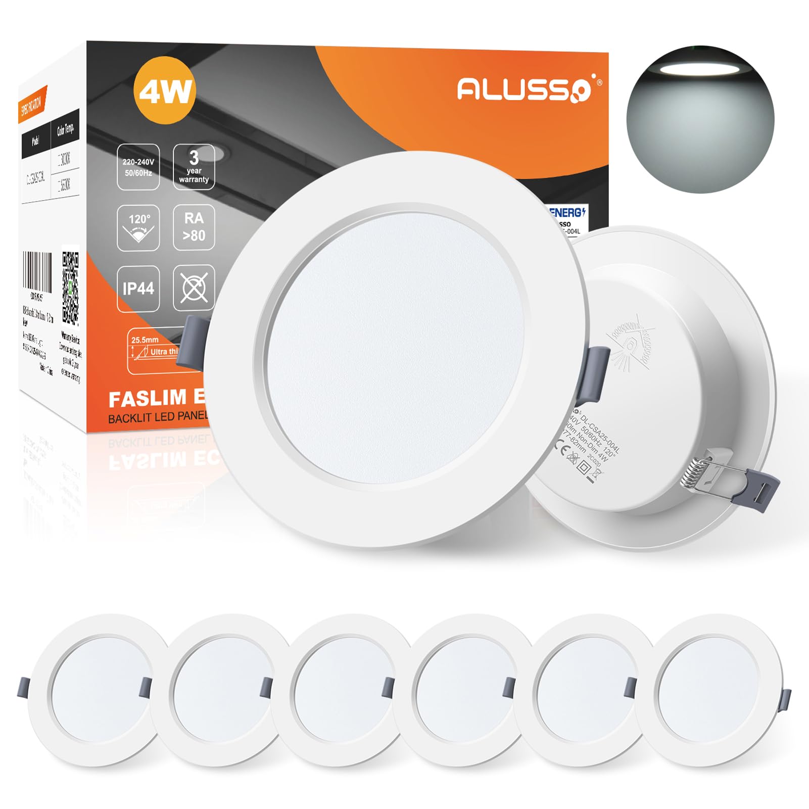 ALUSSO® LED Einbaustrahler 230V Ultra Flach 4W 260LM LED Spots Badezimmer, 6500K Kaltweiß Deckenspots IP44 Einbauleuchten für Wohnzimmer Küche, Durchmesser 98MM, Lochmaß 77-82MM, 6er Set