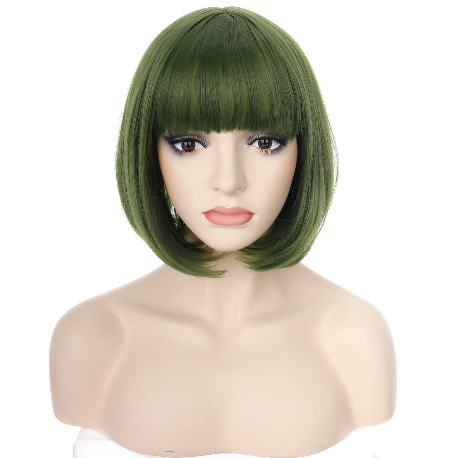 PORSMEER Short Bob Wigs with Fringe For Womens Natural Synthetic Hair Colorful Costume Cosplay Wig for Anime Halloween Fancy Dress Party+Wig Cap,Olive Green - Image 2