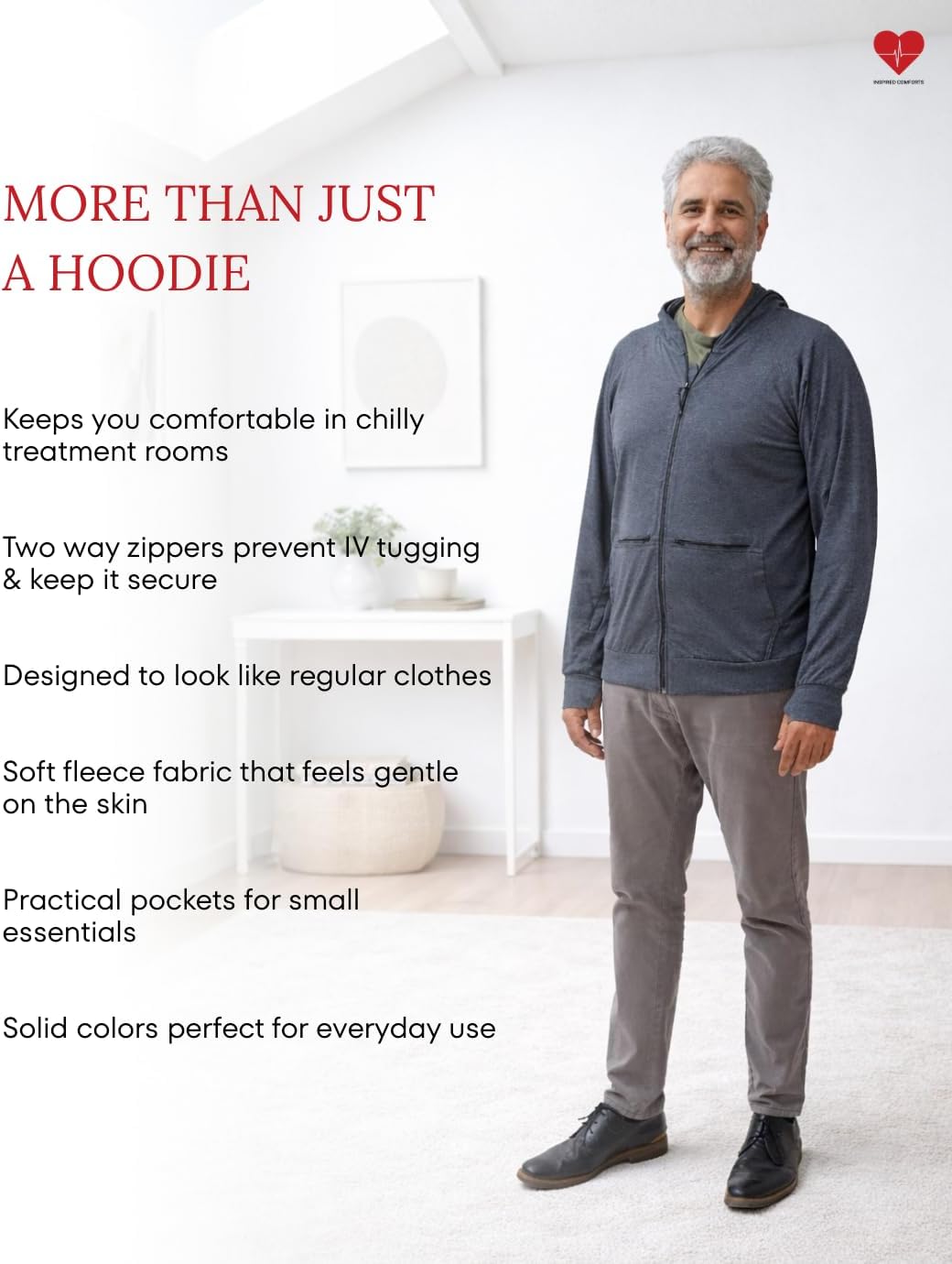 Inspired Comforts Unisex Dialysis & IV Access Hoodie – Dual Arm Zippers, Thumbhole Sleeves & Pockets - Image 4