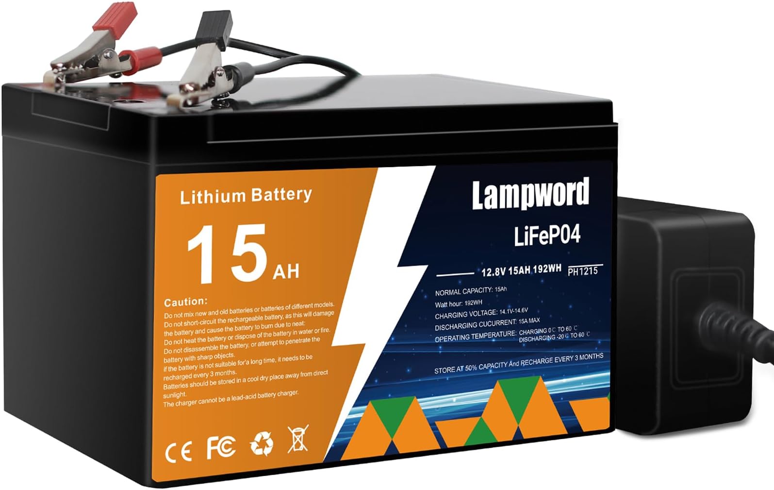 Lithium 12V 15Ah LiFePO4 Battery 4000+ Deep Cycle Rechargeable Batteries with Charger for Trolling Motor/Golf Cart/Solar and Wind Power,UPS/RV Battery,Lighting,Fish Finder