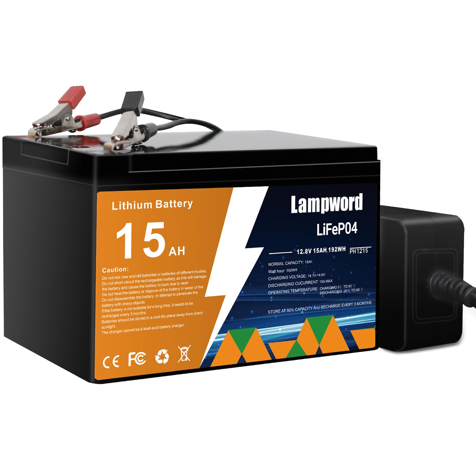 Lithium 12V 15Ah LiFePO4 Battery 4000+ Deep Cycle Rechargeable Batteries with Charger for Trolling Motor/Golf Cart/Solar and Wind Power,UPS/RV Battery,Lighting,Fish Finder