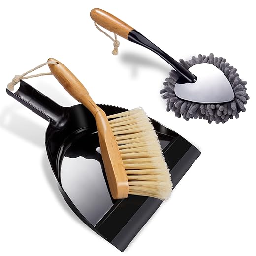 Masthome Dustpan and Brush Set, 3 Pack Hand Broom and Dustpan Set with Bamboo Handle, Extra Duster, Cleaning Brushes and Dustpan Combo for Car, Sofa, Bed, Desk, Keyboard,Pet,Household