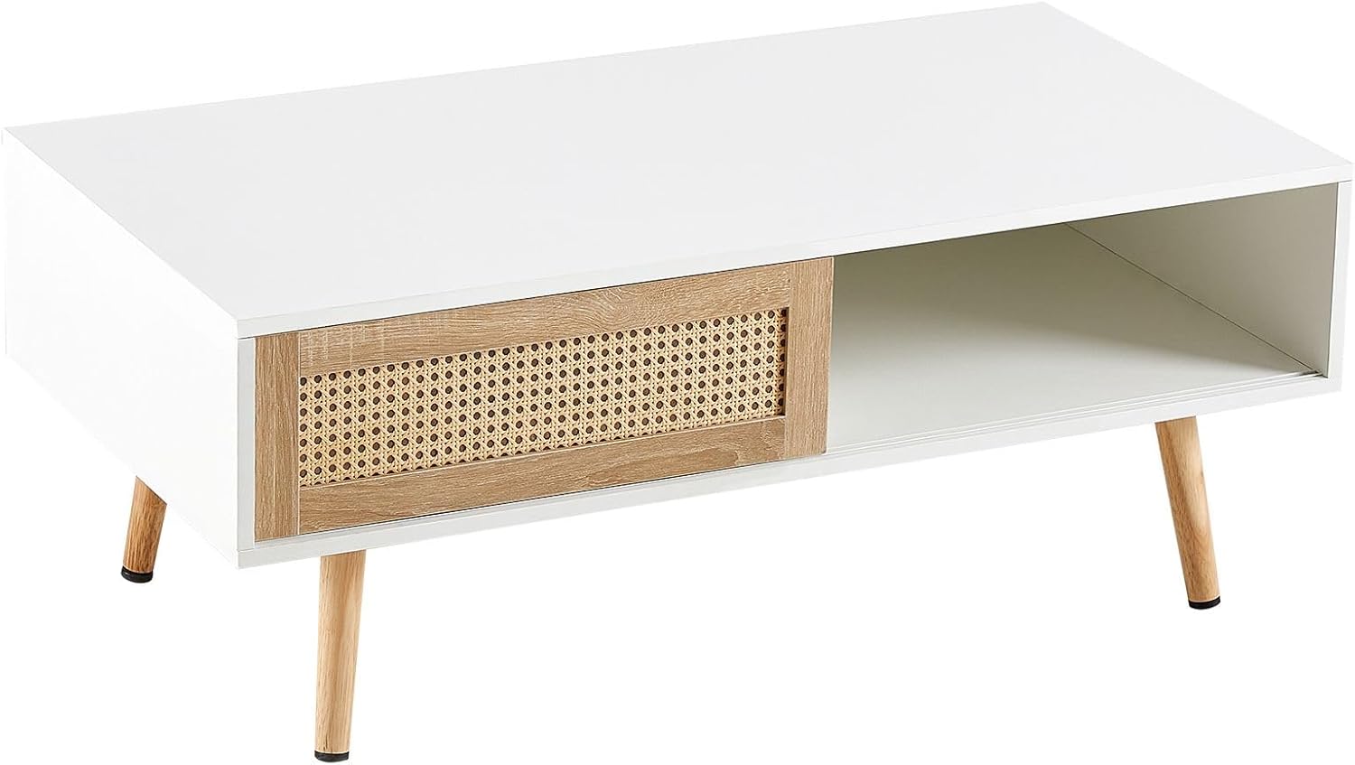 IANIYA Coffee Table with Hidden Storage, 41.3 Inch Rectangle Accent Center Table with Rattan Woven Door and Solid Wood Legs (Wihte Coffee Table)