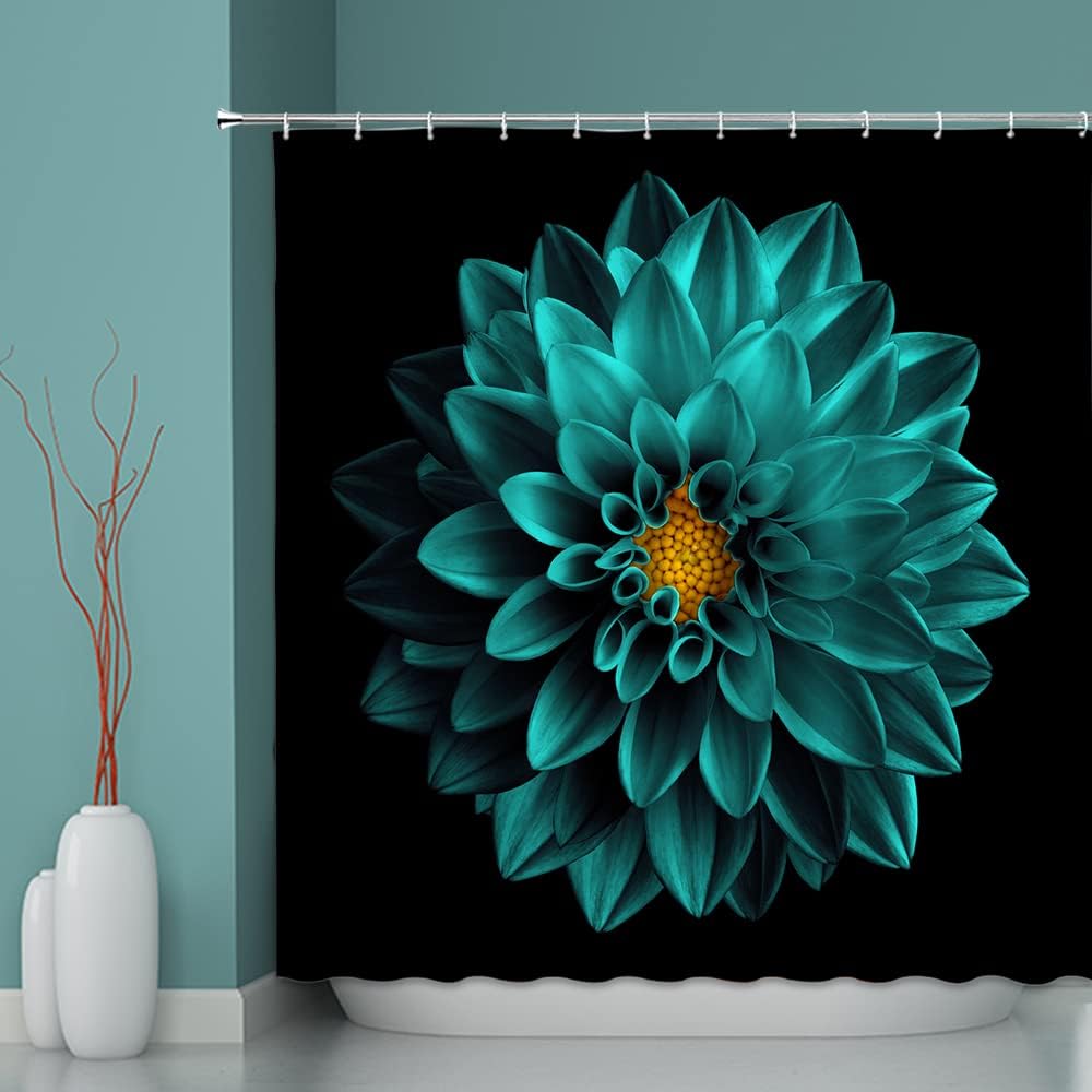 Dahlia Shower Curtain Black Background Multi Colorful Plant Modern Flower Turquoise Teal Red Pink Yellow Blue Blooming Romantic Elegant Chic Simple Fashion Bathroom Decoration Polyester with Hook