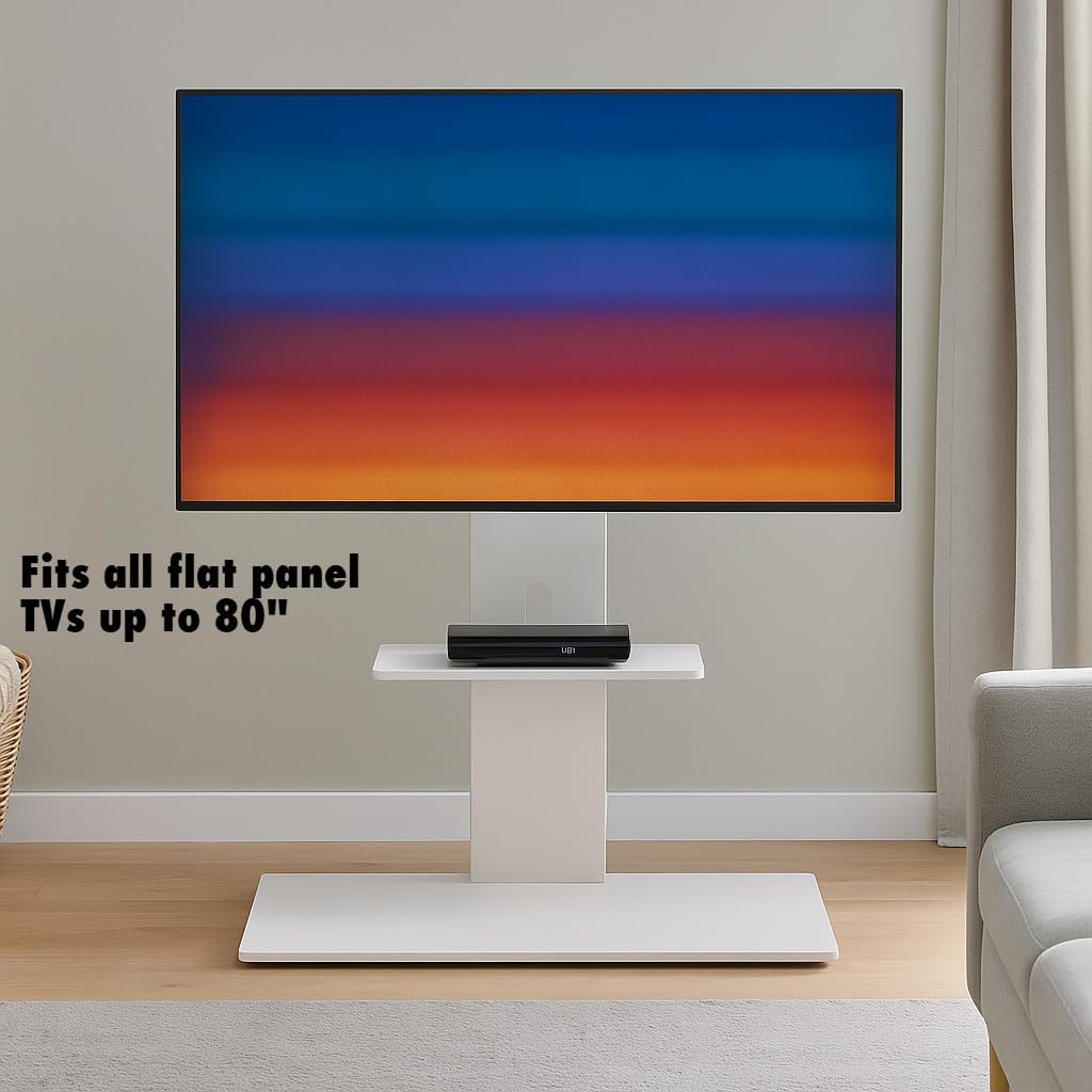 Proman Products Modern TV Stand With With Adjustable Mount and Two Shelves, Pure White