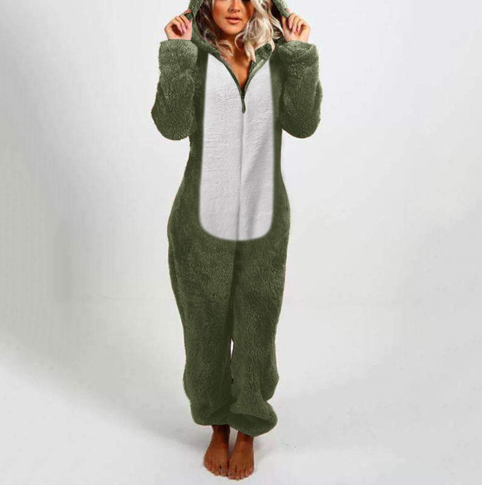 Onesie - Tutina da donna in pile, casual, tinta unita, per adulti e donne, pigiama, a maniche lunghe, con orsacchiotto, in pile, verde militare, xxl