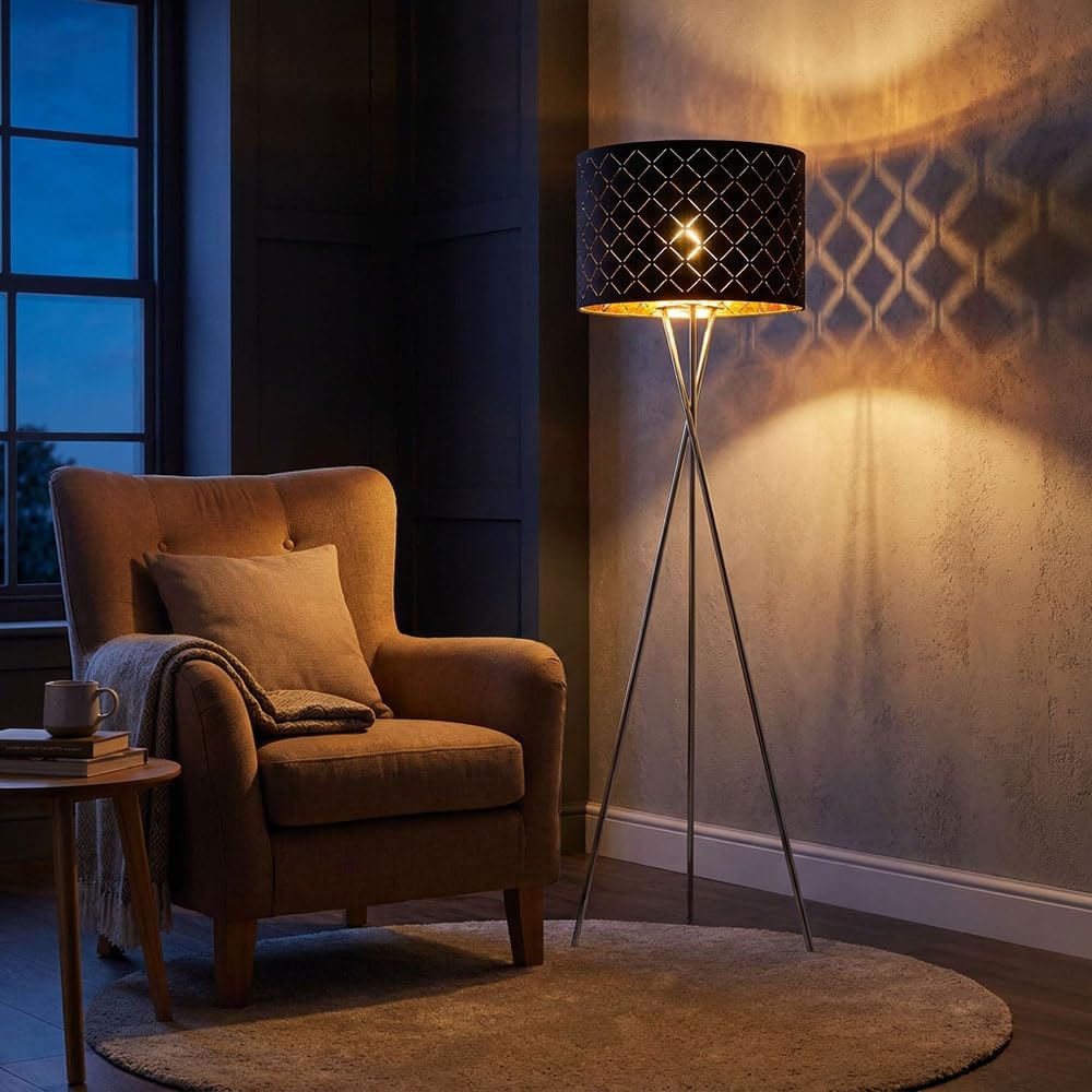 Stehlampe Textilschirm schwarz gold Beistellleuchte 3 Bein Stativleuchte Textil, Nickel matt, E27 Fassung, DxH 62x158 cm