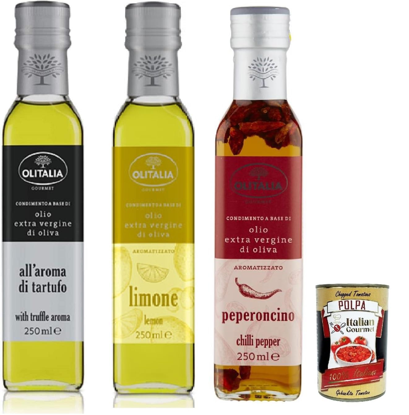 Olitalia Olio Condimento a Base di olio extra vergine di oliva all'aroma test set, Extra Natives Olivenöl geschmack 3x 250ml + Italian Gourmet polpa 400g