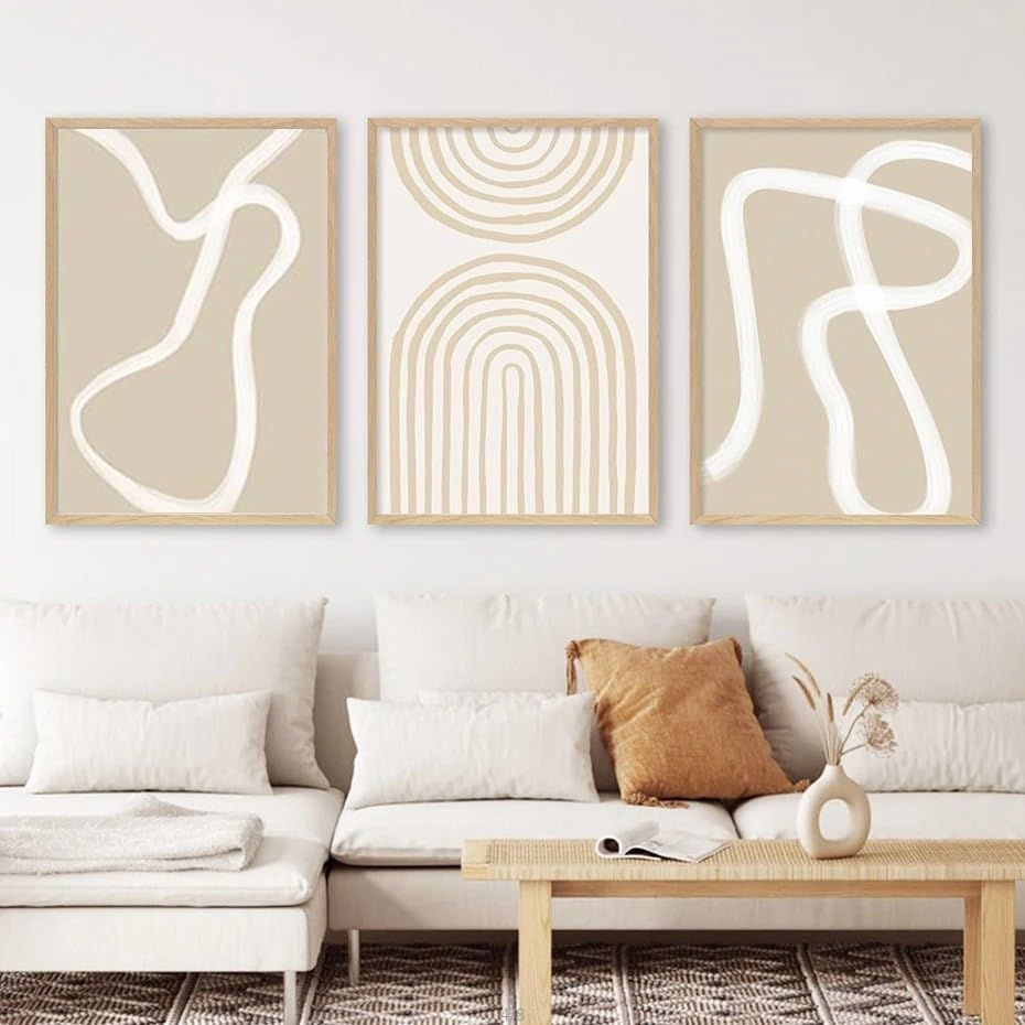 Peintures sur Toile,3 Images Set-Toile Murale Abstraite Beige Minimaliste Avec Lignes...
