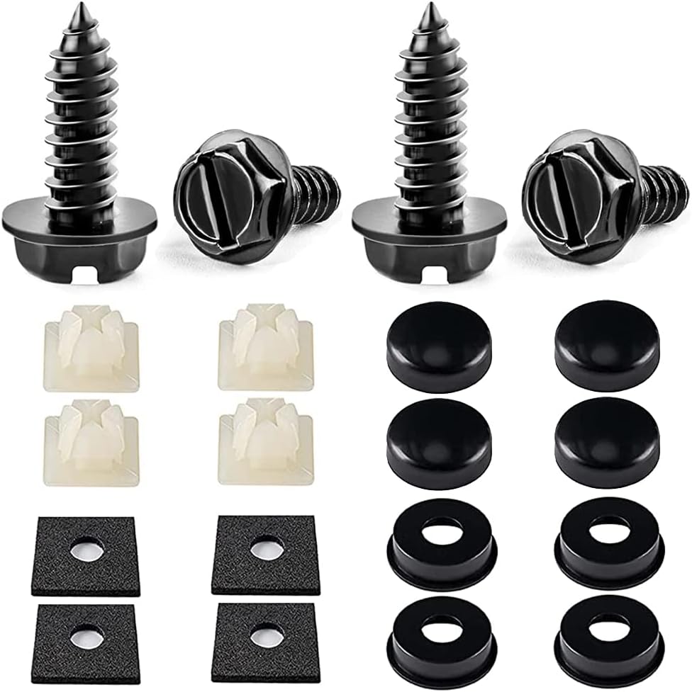License Plate Screws Kit, 4 Sets Fasteners For Front and Back License Plates and Frames Covers on Cars, Trucks, SUVs, Self Tapping Mounting Bolts for Chrysler Dodge Jeep Ford GMC Buick Chevrolet