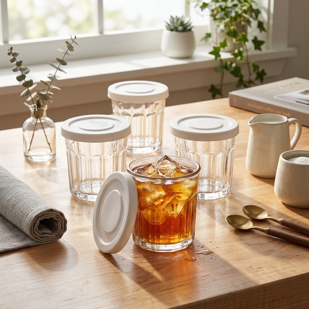 Glasbecher mit Deckel, 396.9 g Trinkgläser, Glaswaren 4er Set, Glasbecher, Vorratsdosen für Lebensmittel