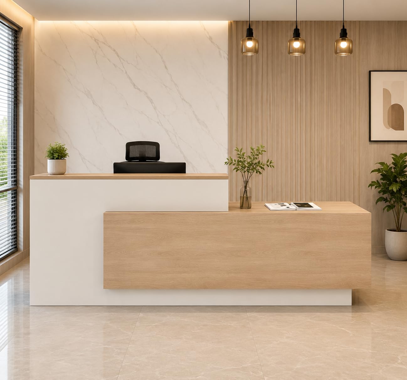 Lakdi The Furniture Co Desk for Office, Salon, Hotel, Spa, Boutique, Studio & Commercial Lobby, Modern White Reception Counter Table with Wooden Frame for Front Office - (RCT-35_LPB_L6W2)