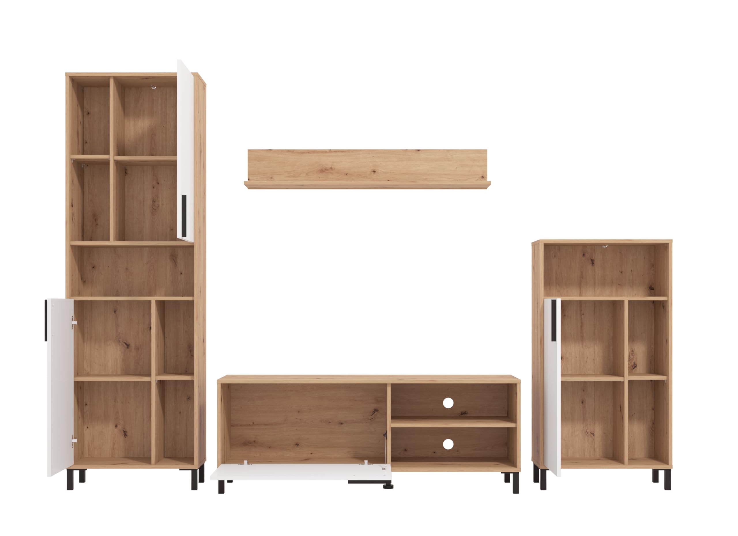 AVANTI TRENDSTORE - Austis - Parete attrezzata in legno laminato nel colore quercia Artisan/bianco lucido con tanti vani aperti, 4 ante e 1 mensola a muro. Dimensioni LAP ca. 279x192,5x38cm