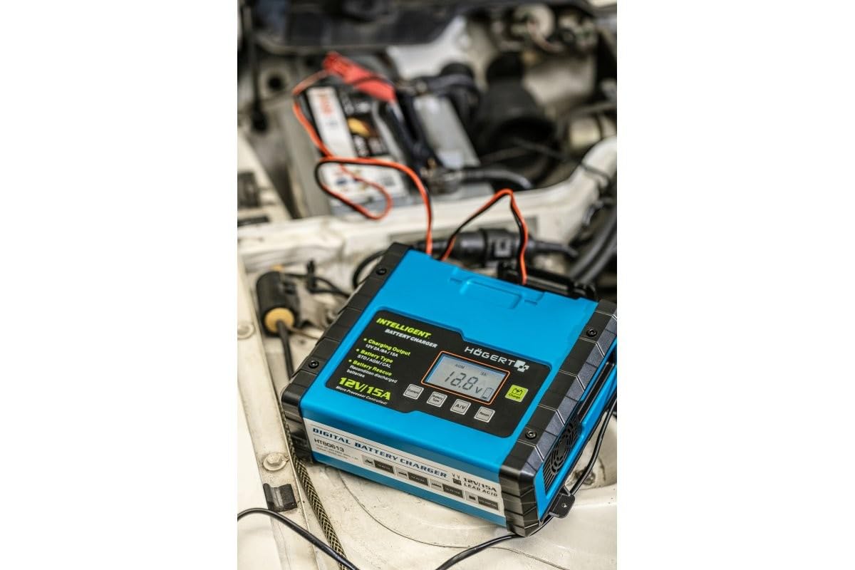 Hogert Technik Cargador de batería de Coche 2A Max 8A Max 15A Max para Coche Camiones Moto Batería Hasta 15-300Ah | Potección contra cortocircuito HT8G613