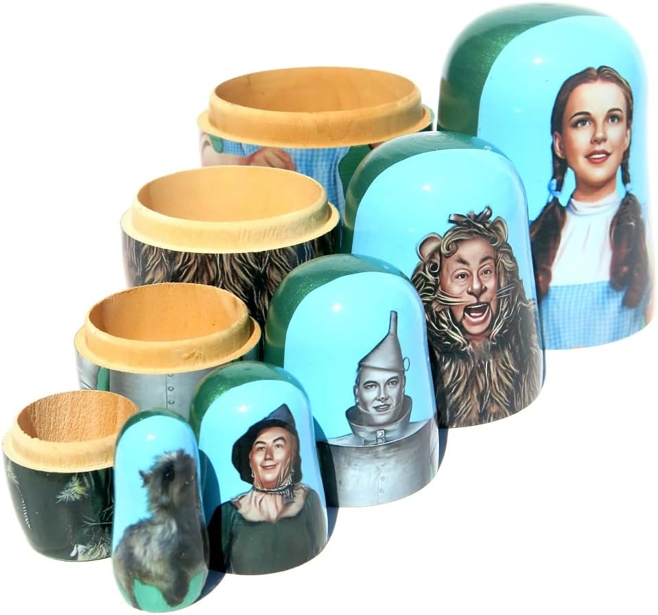 New Wizard Handmade Original and Authentic Large Collectible and Long Lasting 5 Piece Russian Style Nesting Doll with Dorothy, Lion Man, Toto, Tin Man and Scarecrow Stacking Doll 5.75 inches Tall