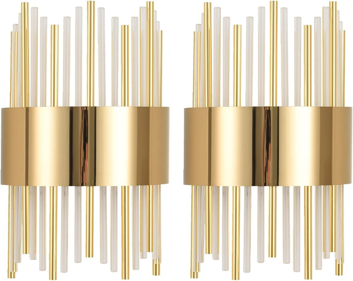 Gold Wall Sconces set of 2, LED Dimmable Modern Crystal Wall Sconces Set of Two, Gold Wall Light, Vanity Mirror Light, for Bedroom, Living Room, Dining Room, Dimmable LED 0-32W with Light Source,3000K