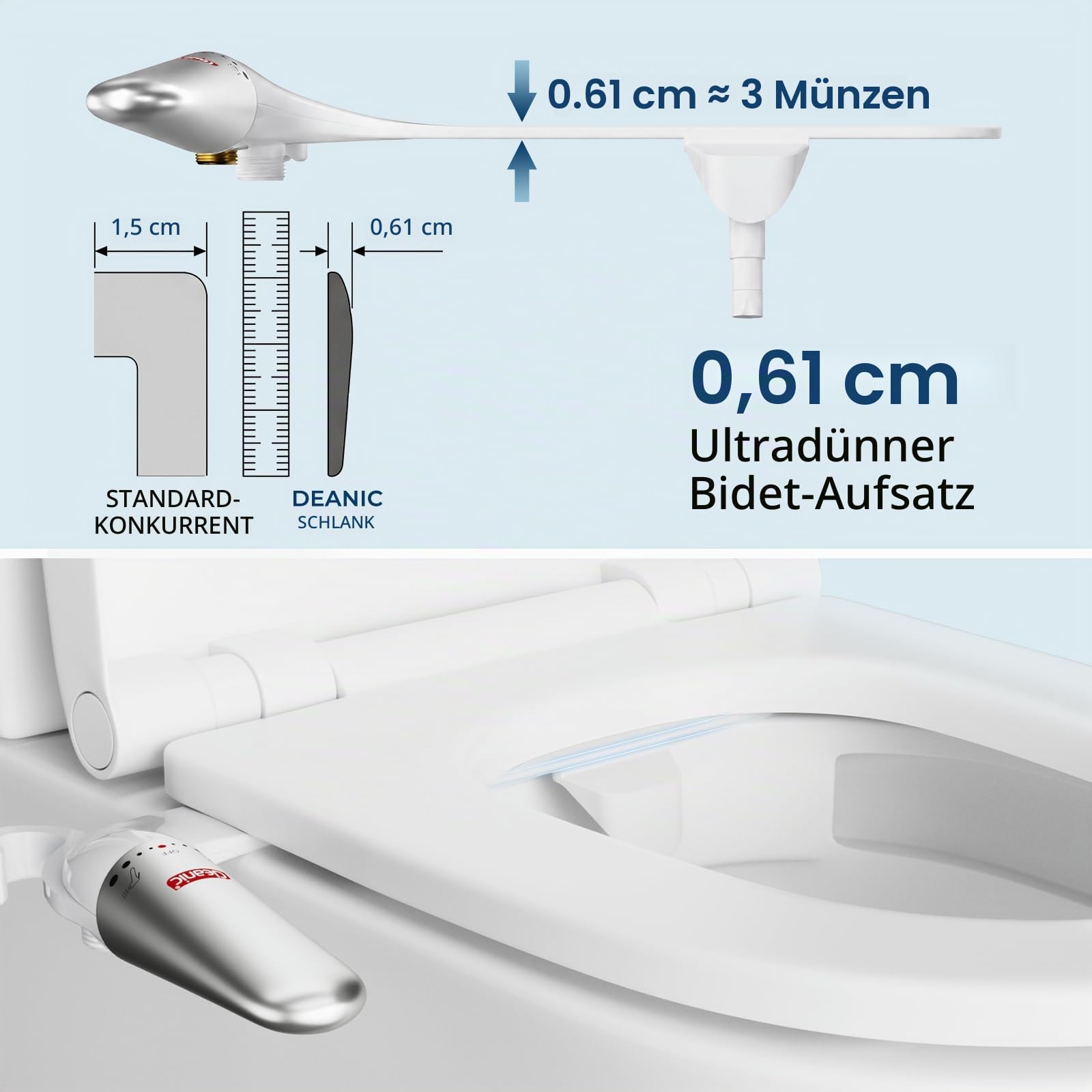 DEANIC 2-in-1 Bidet-Aufsatz für WC, Bad, Bidet-Sprüher, ultradünn, Toiletten-Bidet-Sprühaufsatz, verstellbarer Kaltwasserdruck, nicht elektrischer Bidet-Toilettensitz