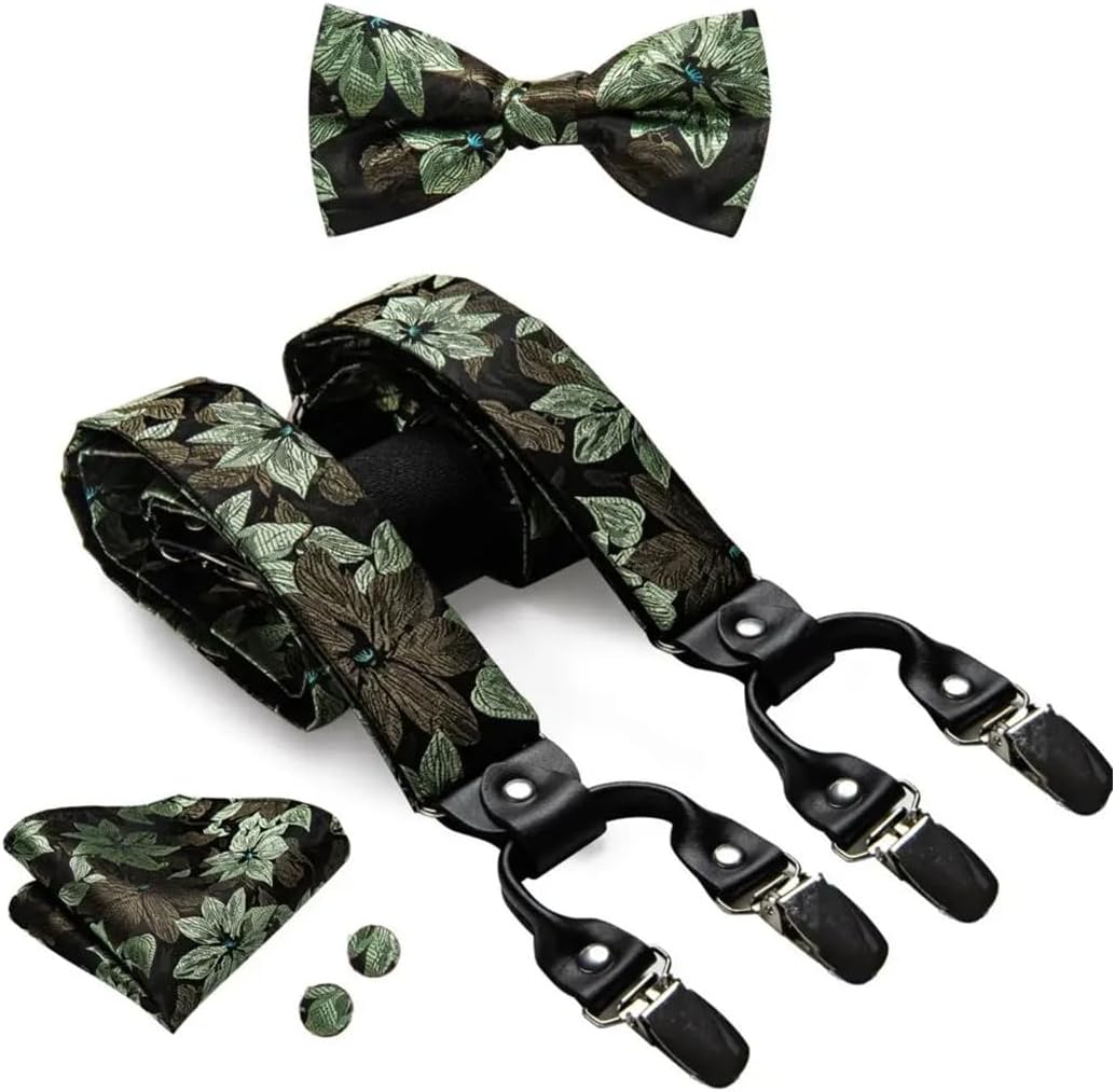 Silk Adult Suspenders Set Leather Metal 6 Clips Braces Gold Brown Floral Vintage Men's Wedding Suspenders