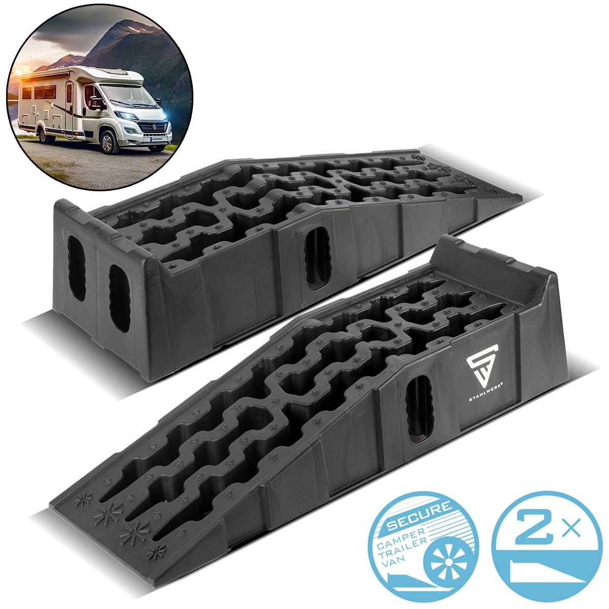 STAHLWERK Set di 2 cunei per gradini GT-15 ST con portata di 6 t, 905 x 330 x 215 mm, cuneo di carico | Rampa di carico | cuneo di bilanciamento per camper, caravan, roulotte o rimorchi