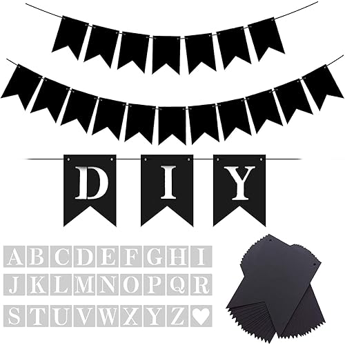 YUNSHANGMO DIY Black Custom Banner Kit, Funny Customize Your Party Banner Signs, Custom Text/Phrase Banner, Paper Pennant Banner Set Include 26 Letters Stencil