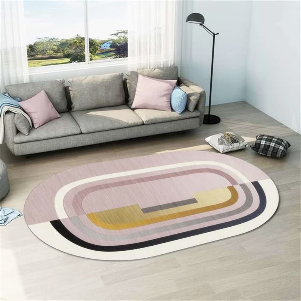 Tapis salon ovale 50x80cm gris à fines rayures géométriques antidérapant pour chambre ado
