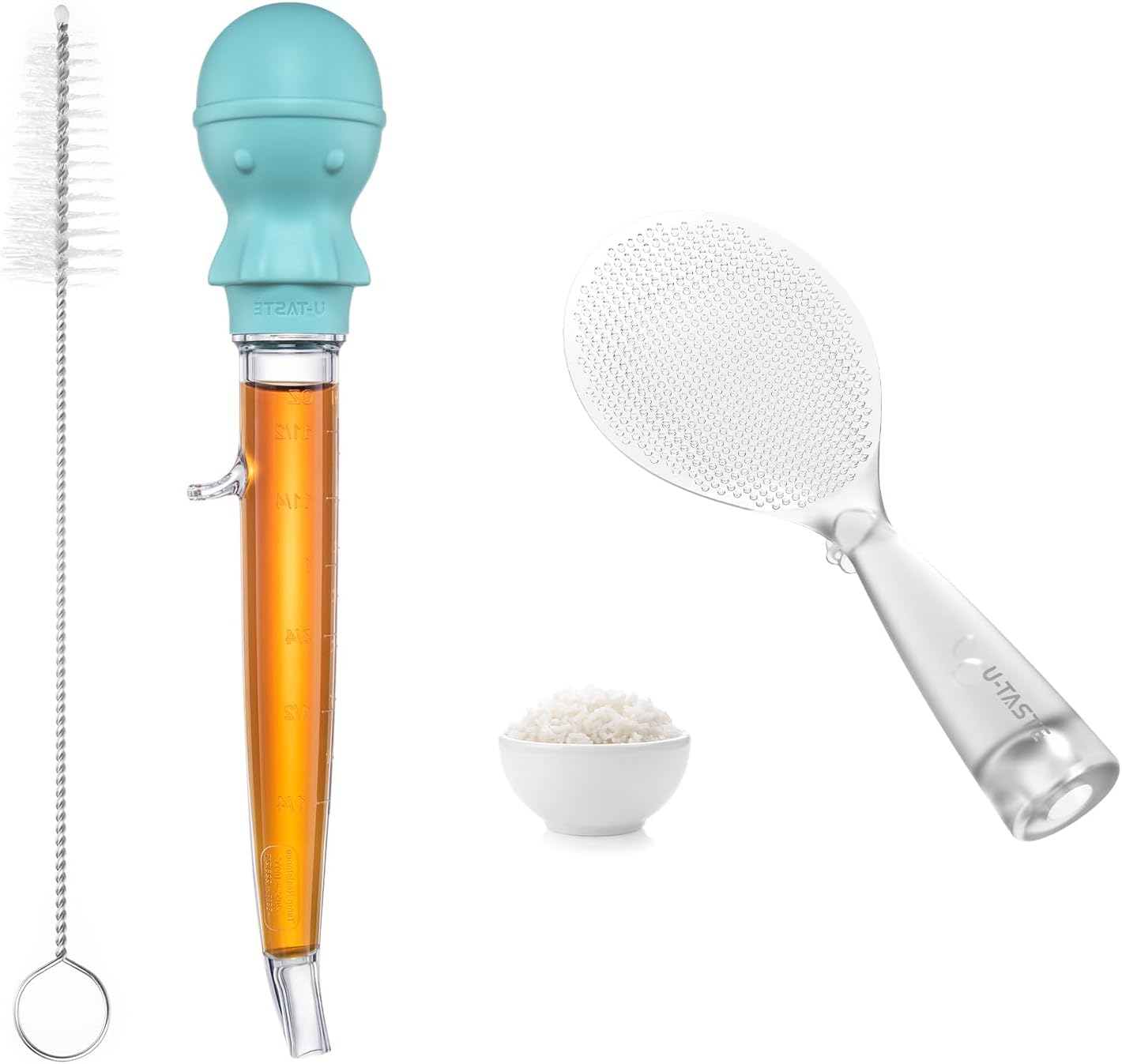 U-Taste 228.2℉ Heat Resistant 1.5oz Angled Turkey Baster (Aqua Sky) and 329°F Heat Resistant Rice Spoon Paddle Scooper (Transparent)