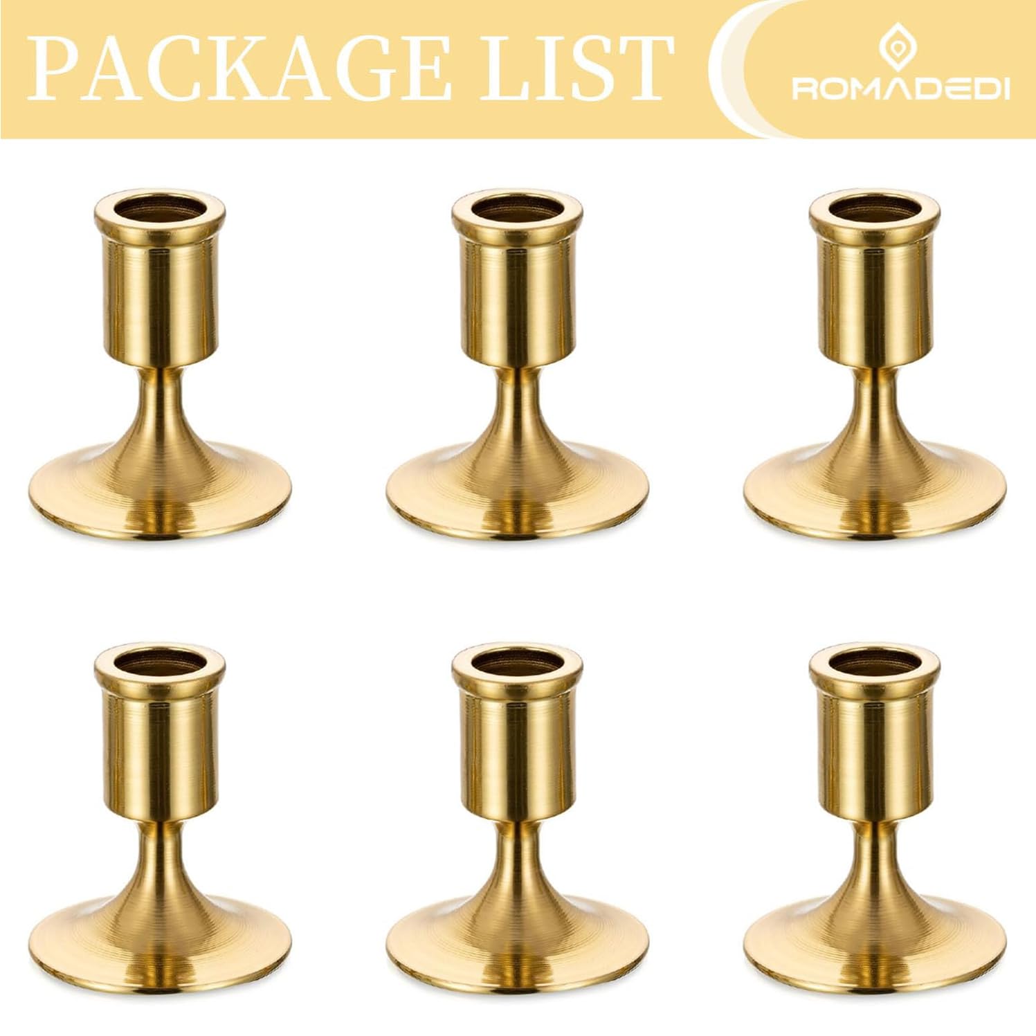 Goldener Kerzenhalter für Kegel, 6 Stück, Romadedi goldfarben, messingfarben, Kerzenhalter für Tischdekoration, Hochzeitsempfang, festliche Weihnachts-Kamindekoration oder Heimdekoration