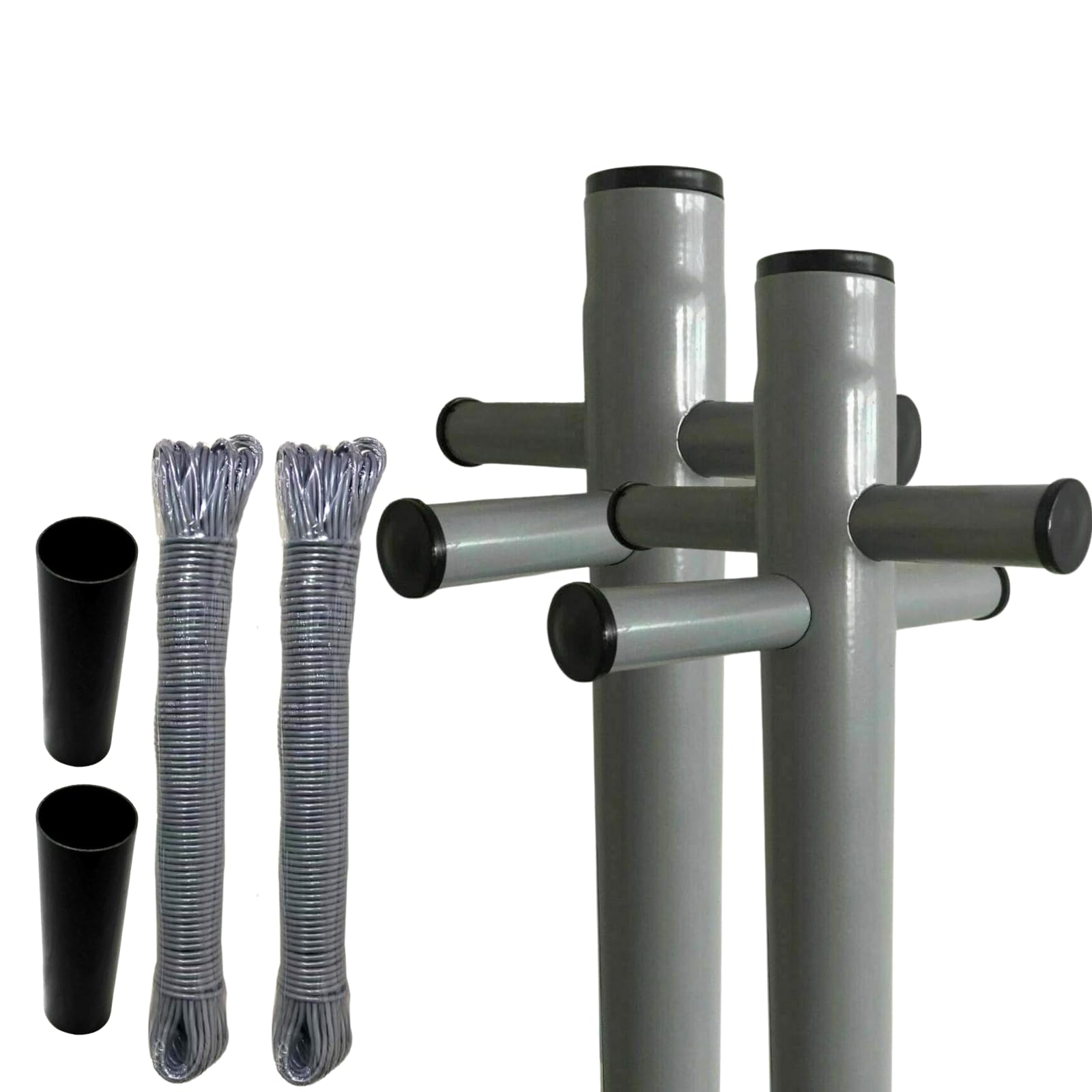 caprican 2.4m Heavy Duty Clothes Line Post – Galvanised Steel Washing Line Pole with Ground Socket – Grey Powder Coated Outdoor Laundry Drying Pole + 30m PVC Washing Line Rope (2)