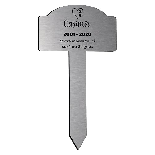 Placa grabada funeraria para mascotas con diseño de corazón y 2 huellas de pata, para plantar 25 x 14 cm