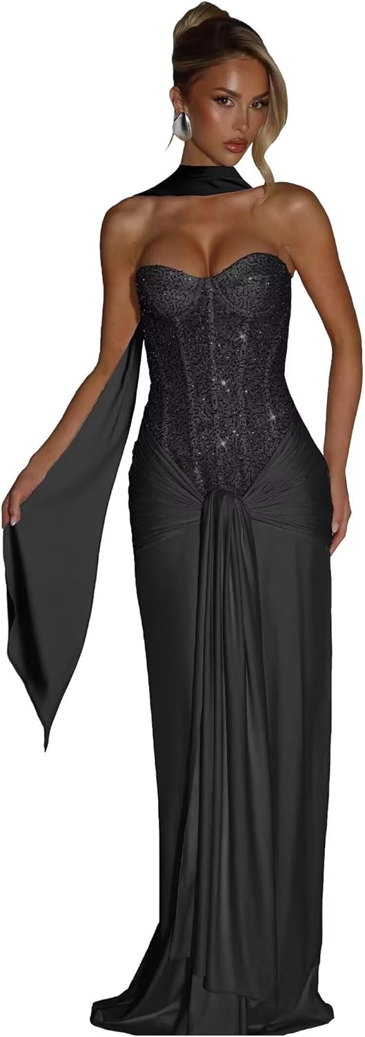 Sequin Prom Dresses with Scarf 2026 Strapless Mermaid Sweetheart Sparkly Formal Evening Gowns IMR010